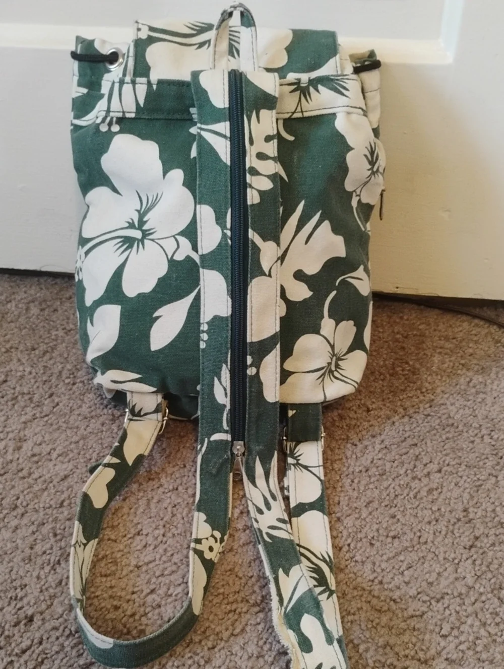 Green Floral Canvas Small Backpack Y2K Vintage Tropical Hibiscus Flower Print